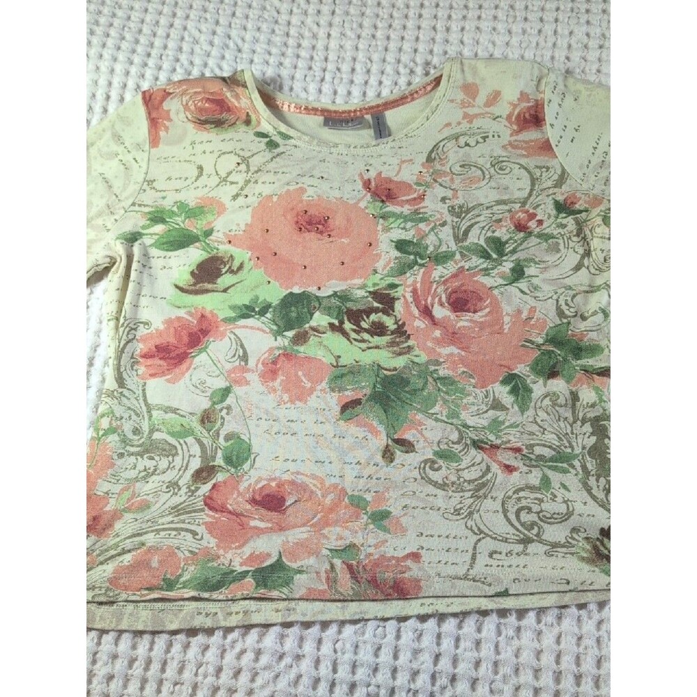 Nicole Miller Mint Green Floral Long Sleeve Tee with Pink Roses Size S